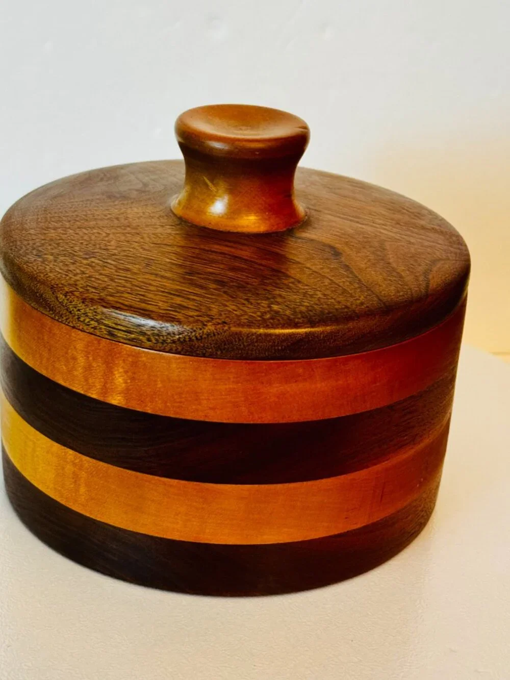 Handmade Turned Wood Round Box 7x7 Trinket Box with Lid 4 Layer Cabin READ